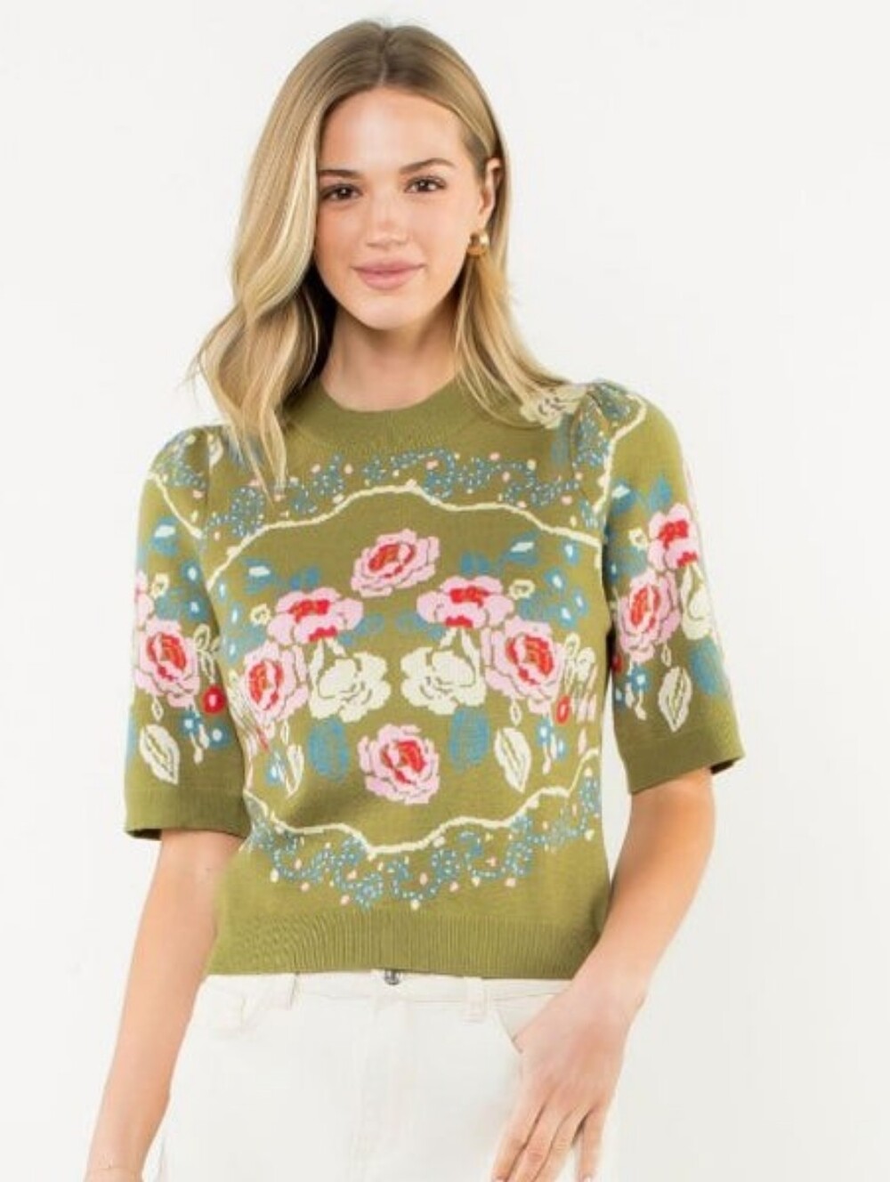 NWT THML Tara Short Sleeve Floral Knit Top Large